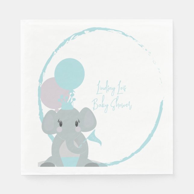 Guardanapo De Papel Pastel Elefante Bebê Menina Script Chã de Bebê    (Frente)