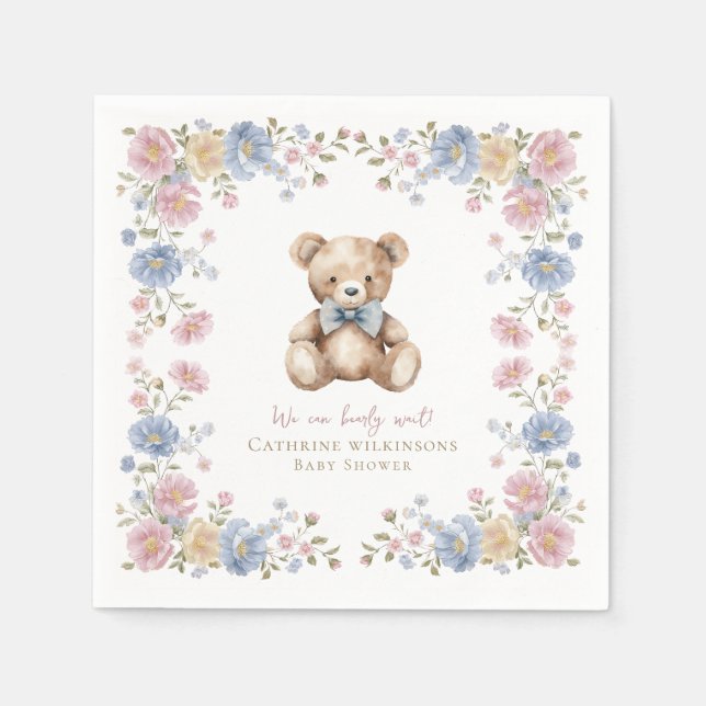 Guardanapo De Papel Pastel Floral Teddy Bear Baby Shower Napkins (Frente)