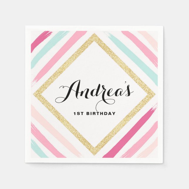 Guardanapo De Papel Pastel Stripes e Dourado Partido do Aniversário de (Frente)