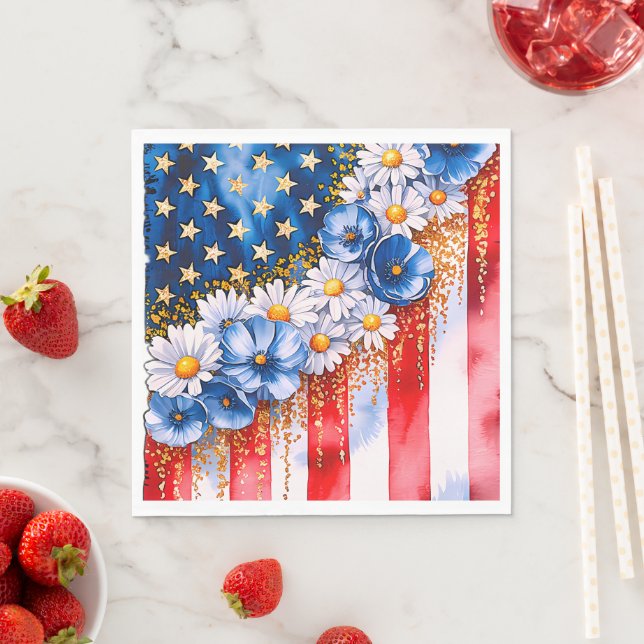 Guardanapo De Papel Patriotic American Flag Floral Glitter (Insitu)