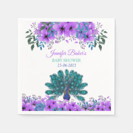 Guardanapo De Papel Pavão Verde e Azul | Flores De Aquarelas Roxas