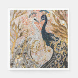 Guardanapo De Papel Pavões Dourado Brilho Amor Rubor Rosa 