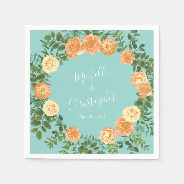 Guardanapo De Papel Peach Aqua Teal Wedding Rosa Floral (Frente)