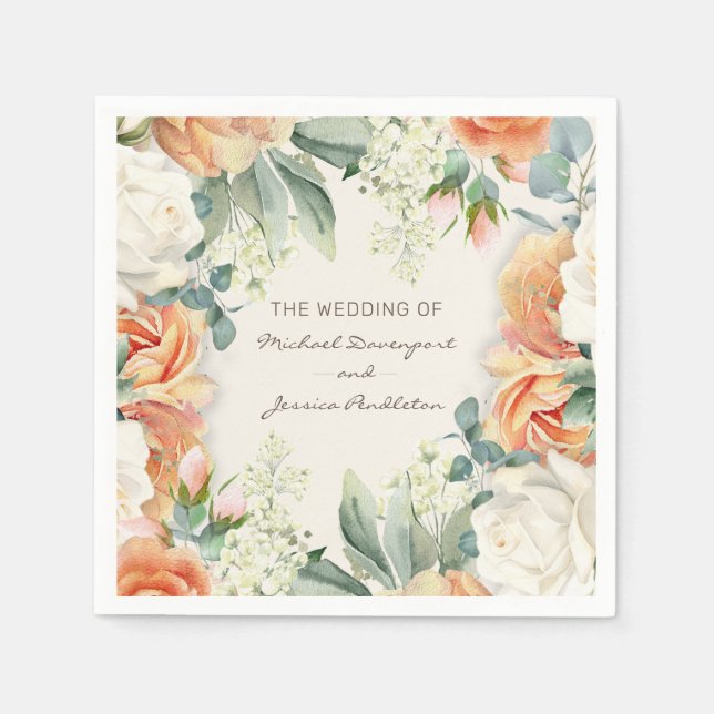 Guardanapo De Papel Peach Cream Floral Eucalyptus Weding Elegante (Frente)
