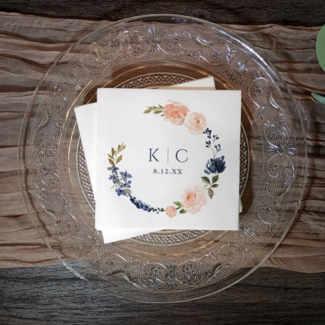 Guardanapo De Papel Peach e Chá de panela de Jardim Botânico Azul Dust (Navy blue & peach wedding or bridal shower napkins - watercolor floral)