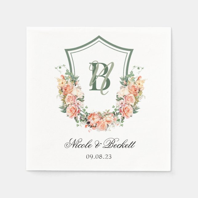 Guardanapo De Papel Peach Floral Crest Wedding (Frente)