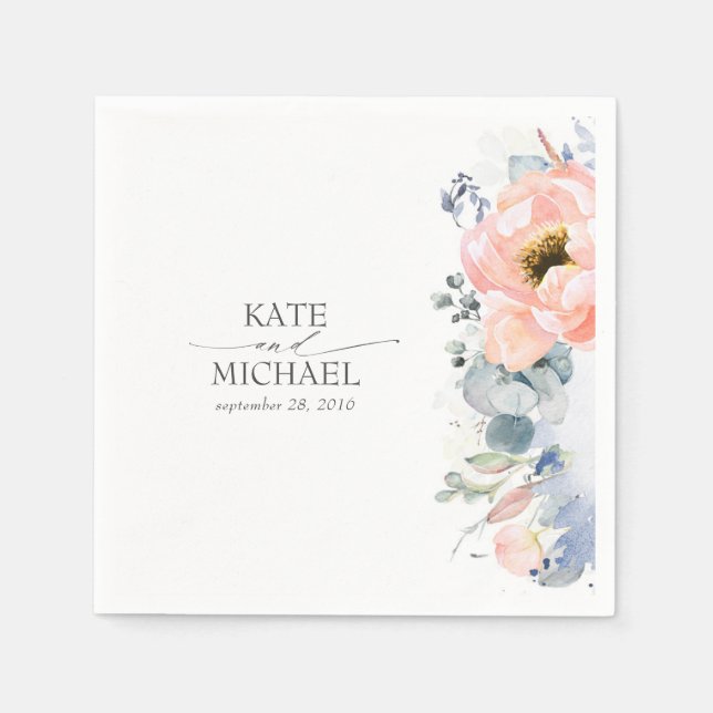 Guardanapo De Papel Peach Floral Dusty Blue Weding (Frente)