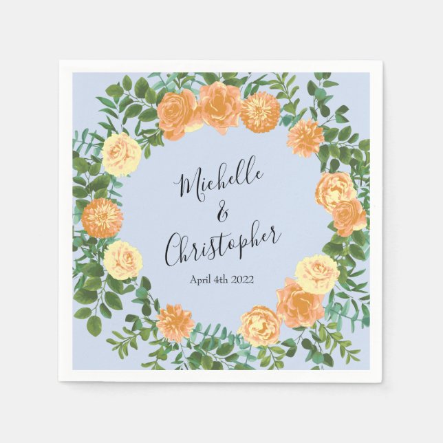 Guardanapo De Papel Peach Rosas Azuis De Casamento Floral (Frente)