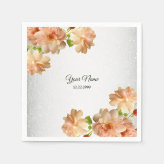 Guardanapo De Papel Peach Roses Floral Silver Glitter Wedding Party