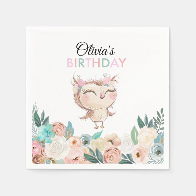 Guardanapo De Papel Peachy Owl Birthday Napkins (Frente)