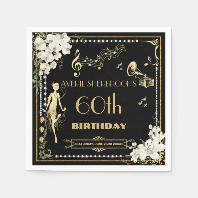 Guardanapo De Papel Pearls White Floral Art Deco Gatsby 20s Aniversári (Frente)