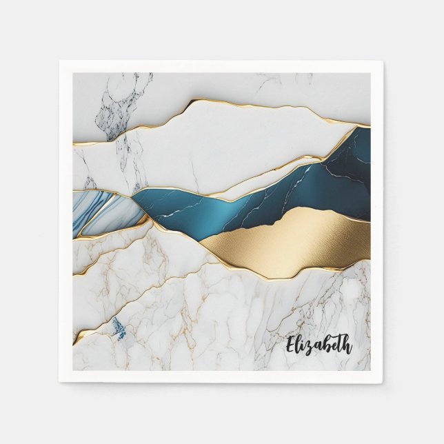 Guardanapo De Papel Pedra Marble Branca legal Turquesa Dourada (Frente)