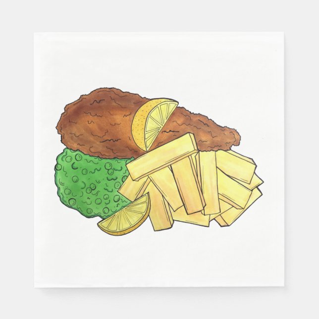 Guardanapo De Papel Peixes e Chips Mushy Peas British Pub Fare UK Comi (Frente)
