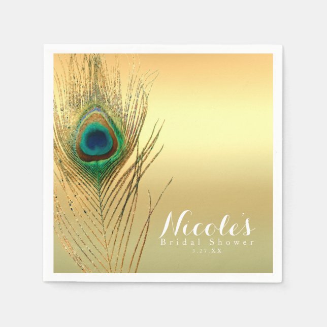 Guardanapo De Papel Pena de Pavão Dourado Exótico Boho Chic Elegante (Frente)