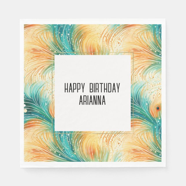 Guardanapo De Papel Penas de Peacock de Cream de Laranja Teal (Frente)