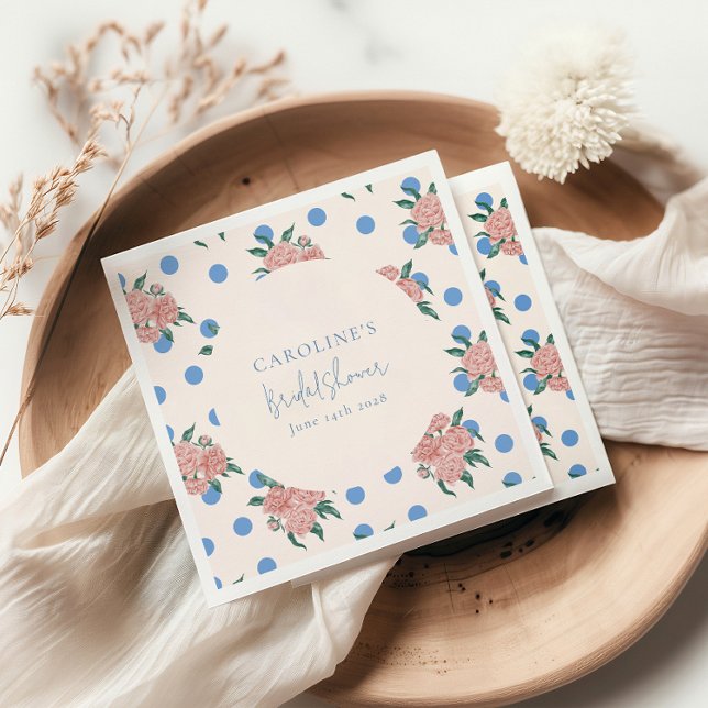 Guardanapo De Papel Peônia Floral Retro Pontos Azuis Noivado Chuveiro  (Criador carregado)