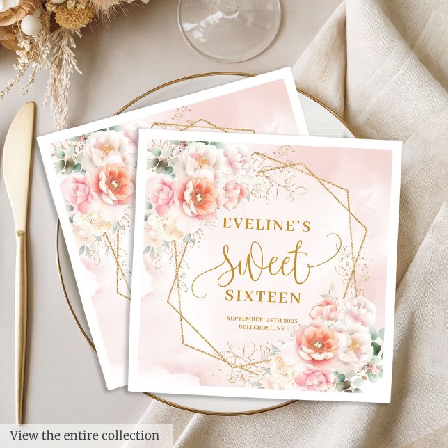 Guardanapo De Papel Pêonias Douradas Rosa-Chic Pastel Doce Dezesseis N (Chic Pastel Pink Gold Peonies Sweet Sixteen Napkins)