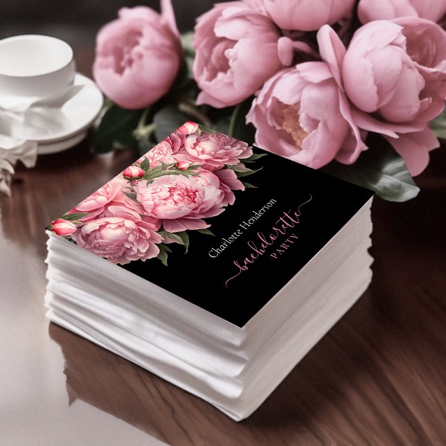 Guardanapo De Papel Peônias rosa Festa de solteira preta (Pink Peonies Watercolor Black Bachelorette Party Napkins)