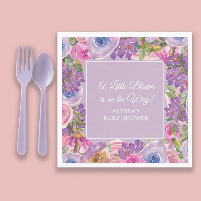 Guardanapo De Papel Pequeno Chá De Bebê Rosa Púrpura (Pink and purple watercolor floral "A little bloom" baby girl shower paper napkins)
