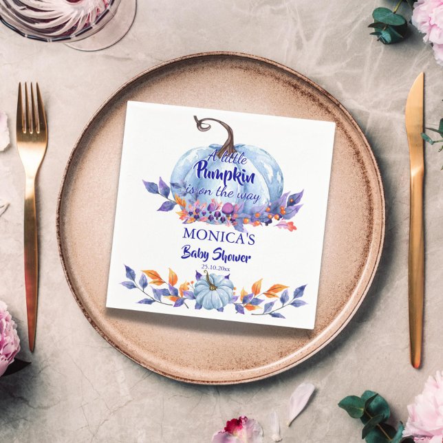 Guardanapo De Papel Pequeno chá de fraldas de abóbora azul (Little pumpkin blue boy fall baby shower personalized napkins pumpkins fall foliage napkins)
