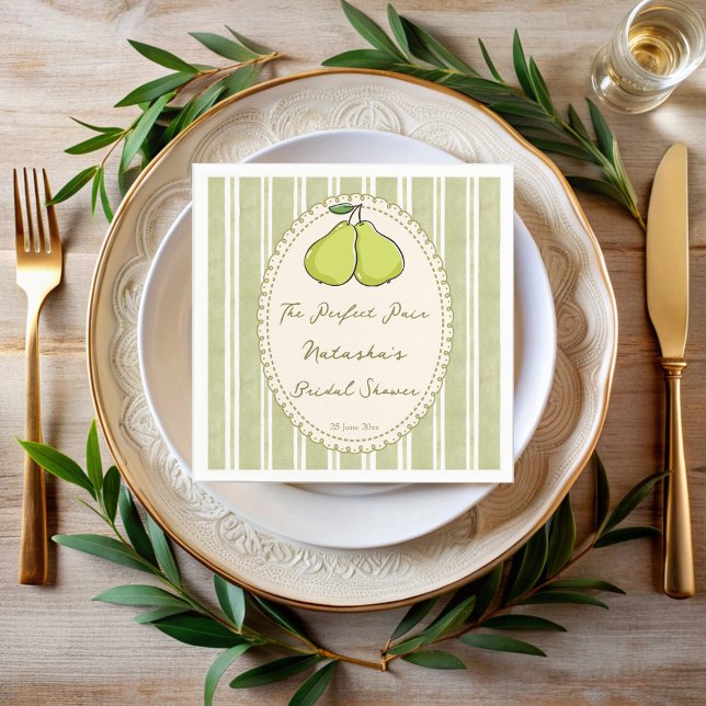 Guardanapo De Papel Perfect pair sage green stripe pear bridal shower (Perfect pair sage green stripes pear bridal shower personalized napkins)
