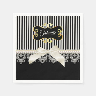 Guardanapo De Papel Pérolas e nome preto do ouro do arco do creme das