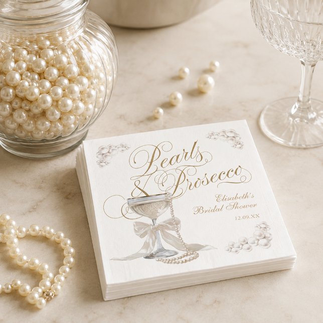 Guardanapo De Papel Pérolas e Prosecco Laço Branco Chá de Noiva (Pearls and Prosecco White Bow Bridal Shower Napkins)