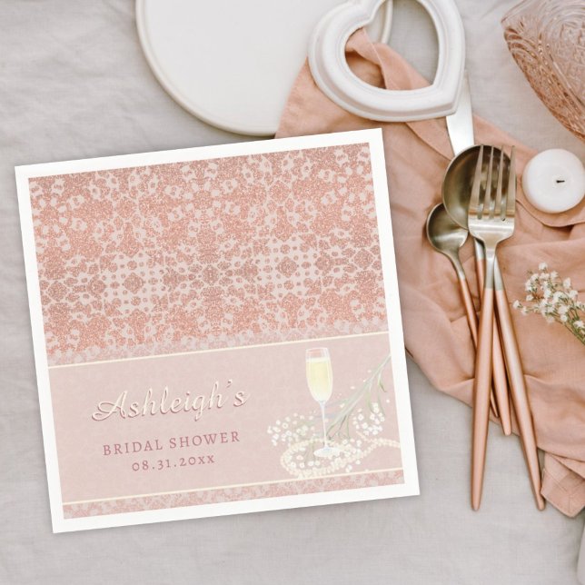 Guardanapo De Papel Pérolas e Prosecco Rosa Dourado e Bridal Shower Co (Criador carregado)