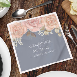 Guardanapo De Papel Personalização de Casamento Azul Floral Cor-de-Ros