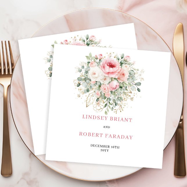 Guardanapo De Papel Personalized Boho Blush Rose Greenery Gold Wedding (Personalized Blush Rose Greenery Gold Wedding Napkins)