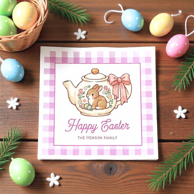 Guardanapo De Papel Personalized Easter Bunny Teapot Gingham Family (Criador carregado)