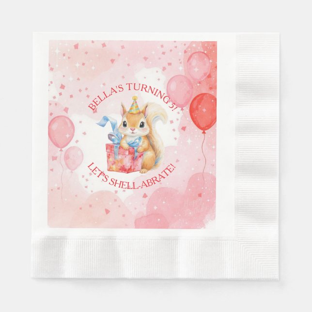 Guardanapo De Papel Personalized Girl's Birthday Squirrel Pink and Red (Frente)