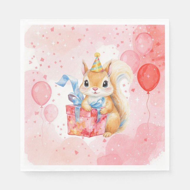 Guardanapo De Papel Personalized Girl's Birthday Squirrel Pink and Red (Frente)