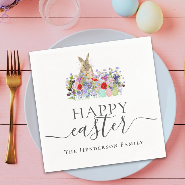 Guardanapo De Papel Personalized Happy Easter Cute Bunny Wildflower (Personalized happy Easter cute bunny wildflower floral spring party napkin)