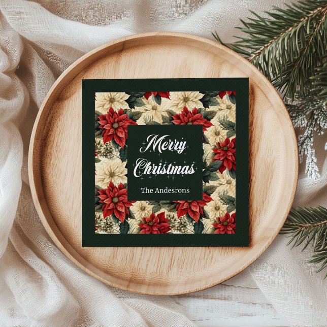 Guardanapo De Papel Personalized Holiday Napkins Red Poinsettia Print (Vintage Poinsettia Napkins Classic Red Green Style)