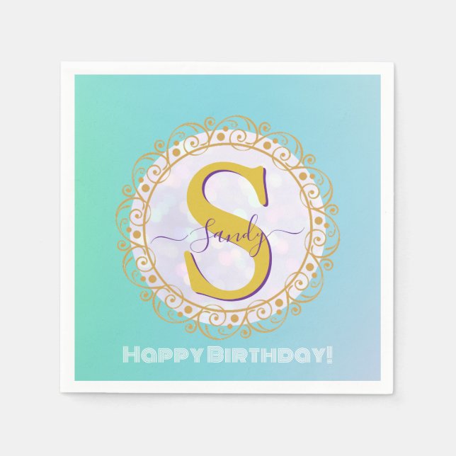 Guardanapo De Papel Personalized Monogram Mandala Gold and Blue (Frente)