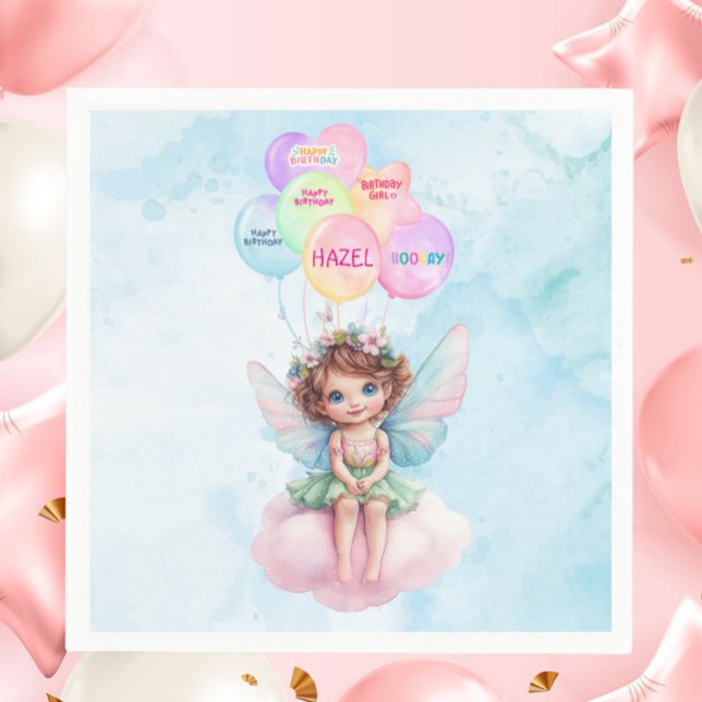 Guardanapo De Papel Personalized Pink Fairy on Cloud Birthday Napkin  (Personalized Fairy on a Cloud Birthday Napkin – Pink & Blue Watercolor Party Decor with Balloons

)