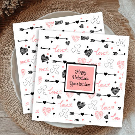 Guardanapo De Papel Personalized Valentine Pink Black Hearts Sketch