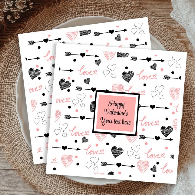 Guardanapo De Papel Personalized Valentine Pink Black Hearts Sketch  (Personalized Valentine Pink Black Hearts Sketch Napkins)