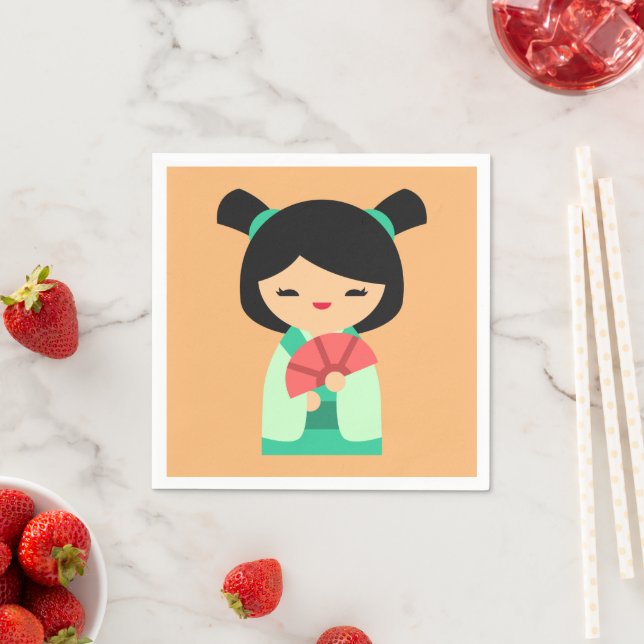 Guardanapo De Papel Pêssego aqua rosa bonecas japonesas Kokeshi (Insitu)