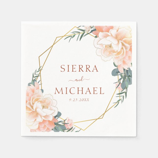 Guardanapo De Papel Pêssego Floral Dourado Terracotta Casamento Elegan (Frente)