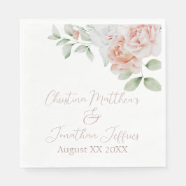 Guardanapo De Papel Pêssego Romântico e Flores Brancas de Aquarela