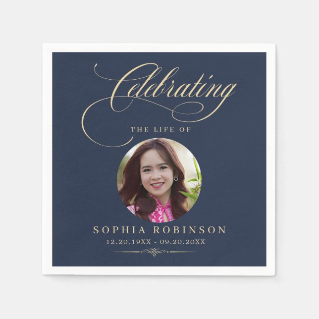 Guardanapo De Papel Photo Elegant Blue Gold Script Funeral Memorial  (Frente)