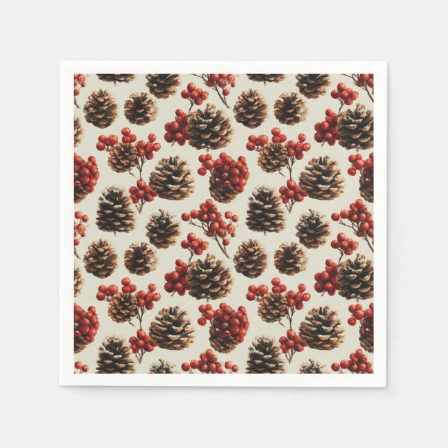 Guardanapo De Papel Pine Cones e Red Berries Padrão de inverno (Frente)