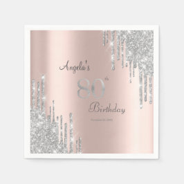 Guardanapo De Papel Pingo de Brilho Prata Rosa 80º Aniversário
