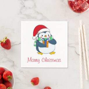 Guardanapo De Papel Pinguim Adorável no Chapéu de Natal com Gift Napki