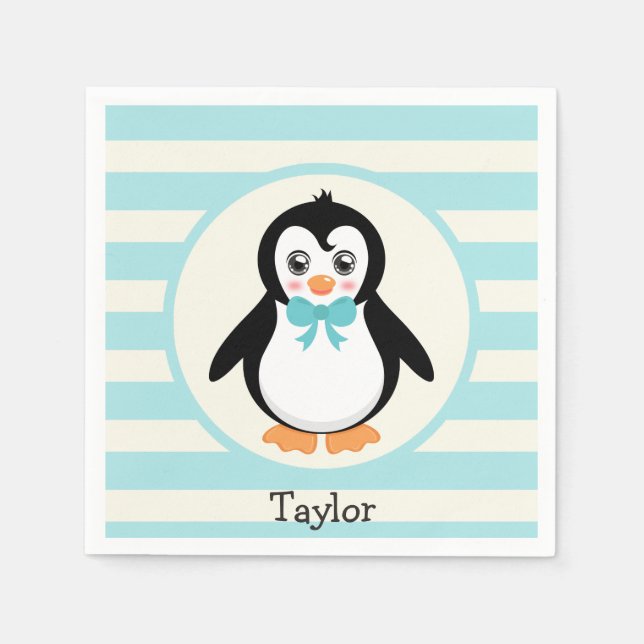 Guardanapo De Papel Pinguim Bonito com Turquoise Bowtie (Frente)