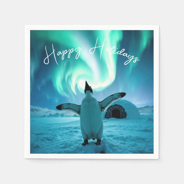 Guardanapo De Papel Pinguim de Férias sob Luzes do Norte (Frente)