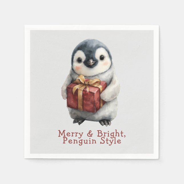 Guardanapo De Papel Pinguim de Natal Alegre e Brilhante (Frente)