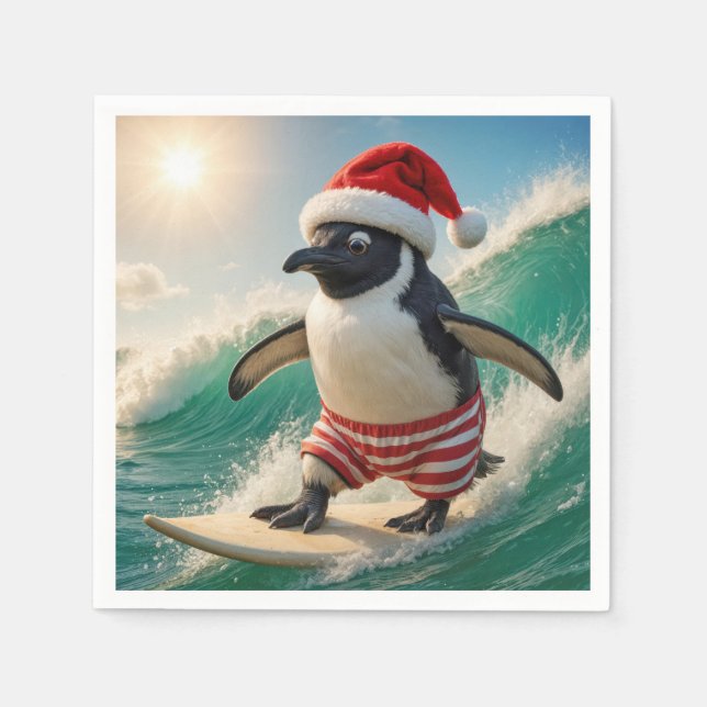 Guardanapo De Papel Pinguim de Natal Surfando em uma Onda do Oceano (Frente)